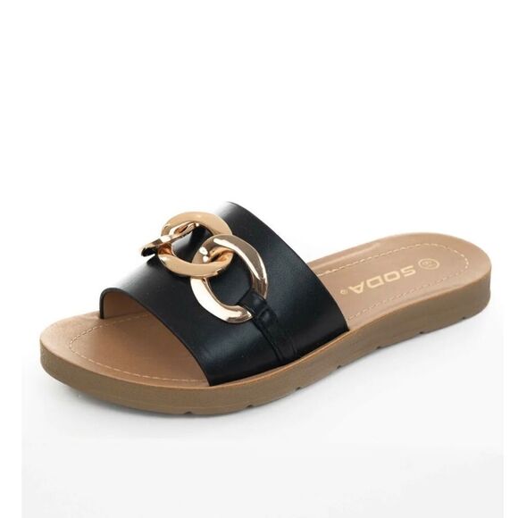 Soda Casual Black Pleather Band Sandals With Chain Detail Size 6 - Picture 1 of 8
